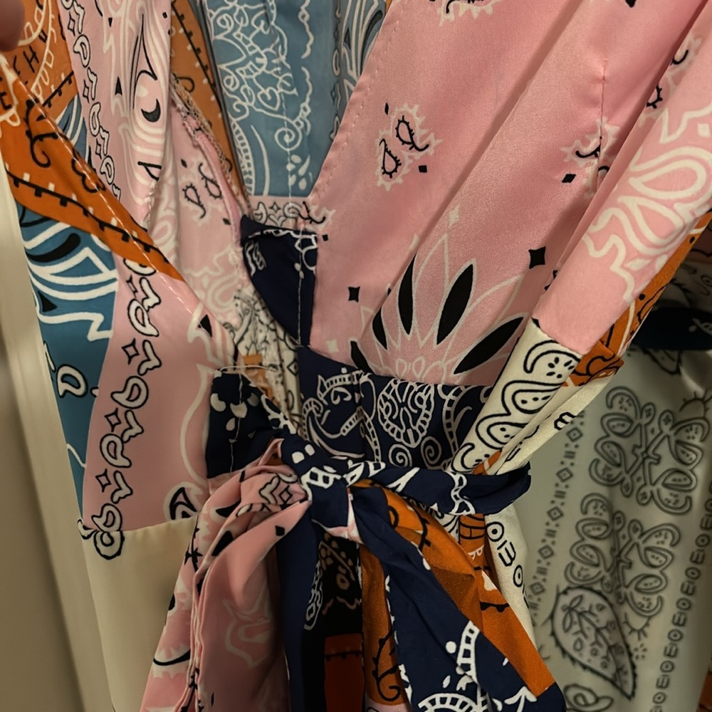 Pink and Blue Wrap Maxi Dress with V-Neck Long Sleeves - Picture 10 of 11